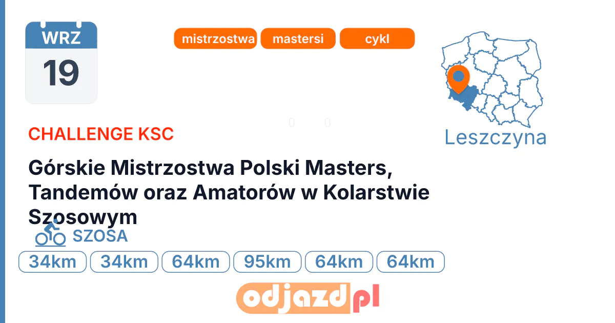 Górskie Mistrzostwa Polski Masters, Tandemów oraz Amatorów w Kolarstwie Szosowym — Rower · SZOSA, 19 września 2026, Leszczyna