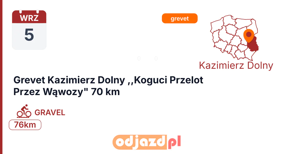 Grevet Kazimierz Dolny ,,Koguci Przelot Przez Wąwozy" 70 km — Rower · GRAVEL, 5 września 2026, Kazimierz Dolny