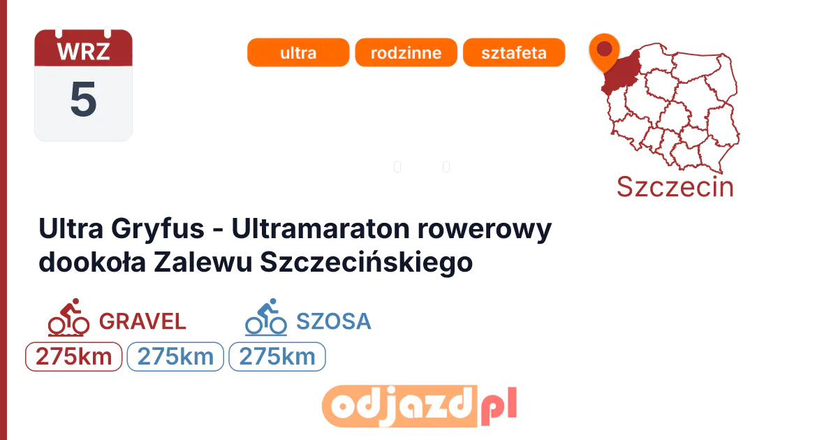 Ultra Gryfus - Ultramaraton rowerowy dookoła Zalewu Szczecińskiego — Rower · SZOSA, 5 września 2026, Szczecin